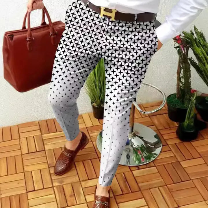 Men's slim-fit straight-leg casual trousers with a printed plaid pattern in colour RKKZ49.