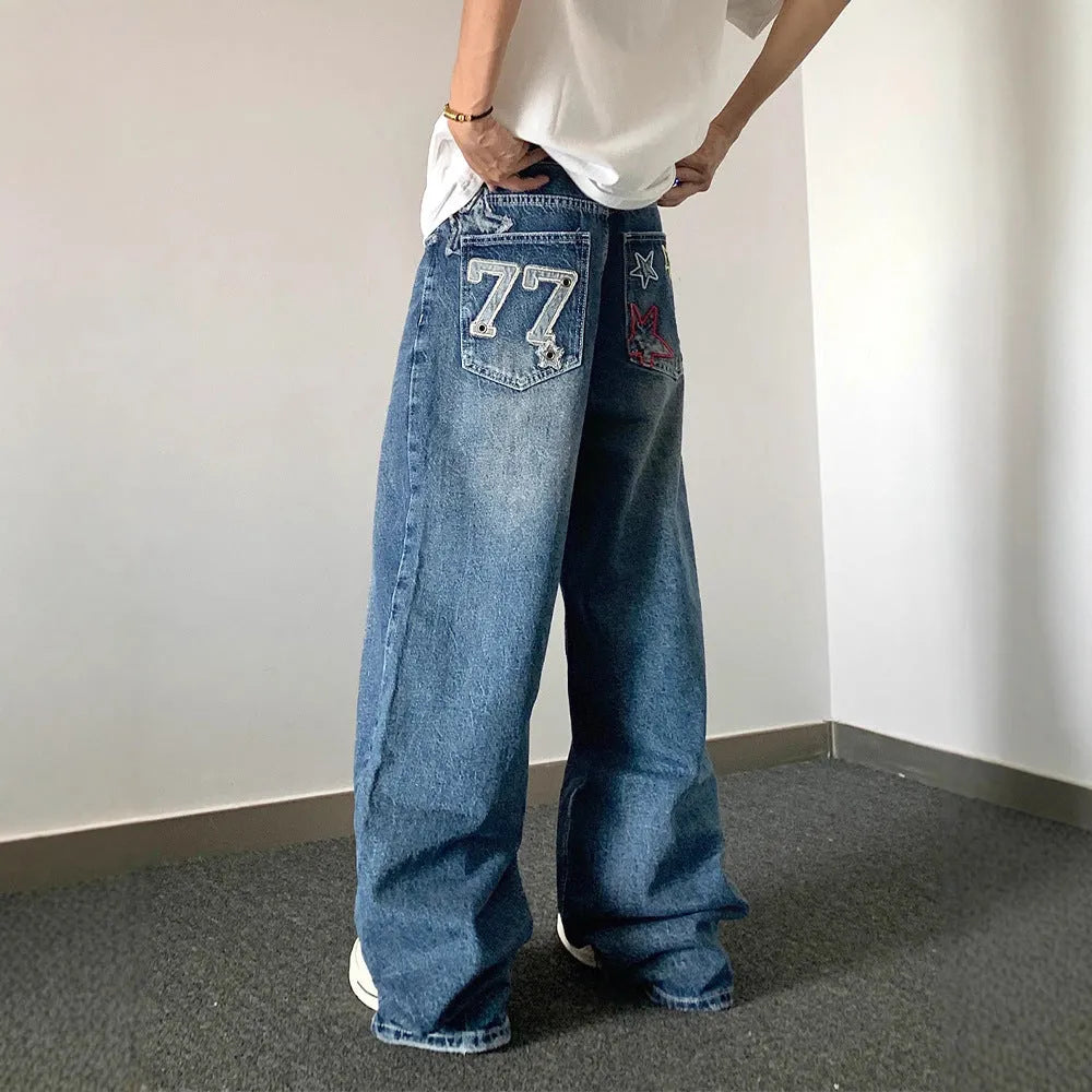 Designer embroidered high-waisted retro loose slimming trousers in blue cotton blend for teenagers