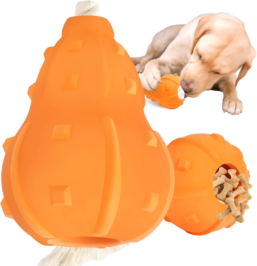 Natural rubber stuffable dog chew toy with a long strap for fetch, showing hollow treat-dispensing centre.