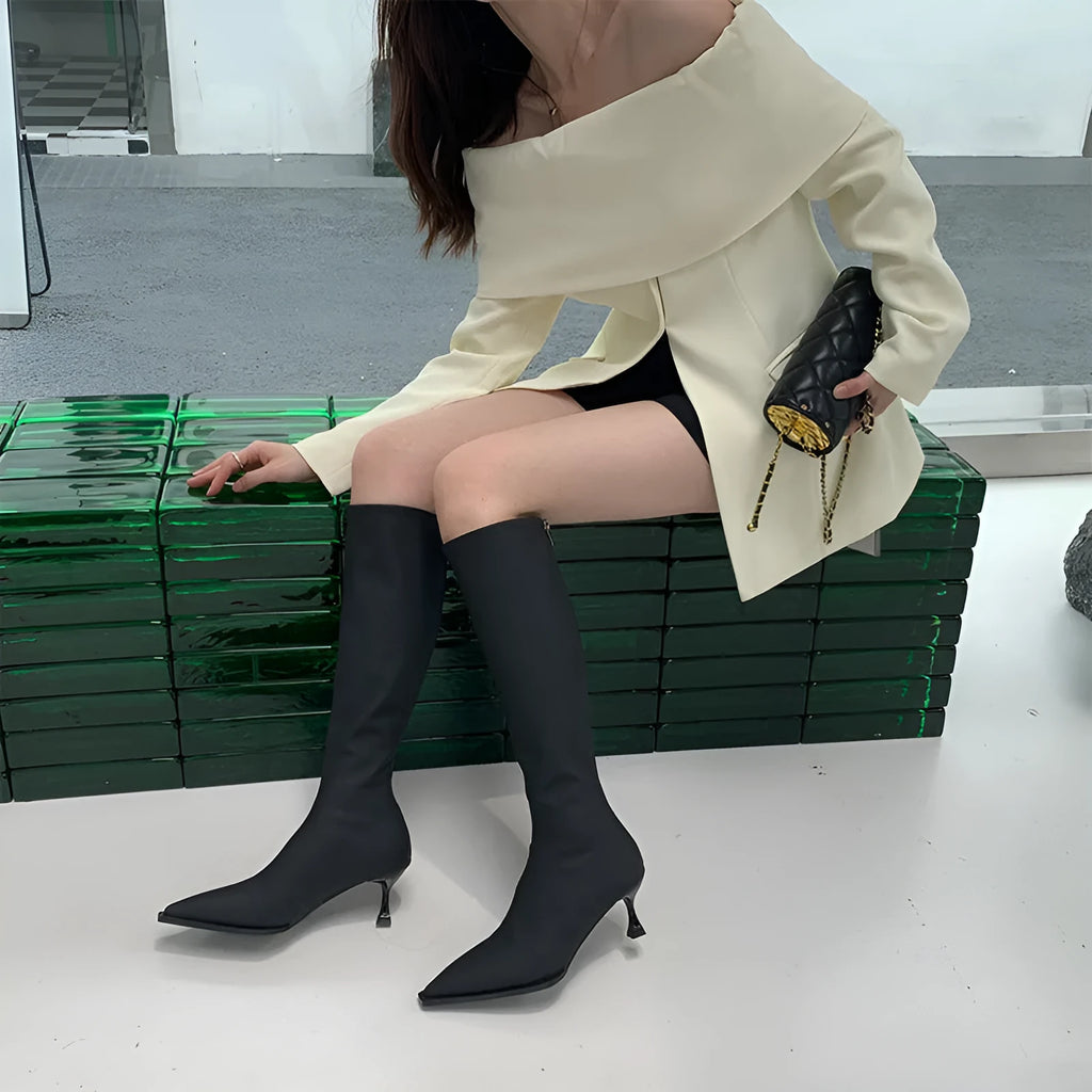 Black pointed toe below-the-knee boots on a woman, showing the back zipper and stiletto heel.