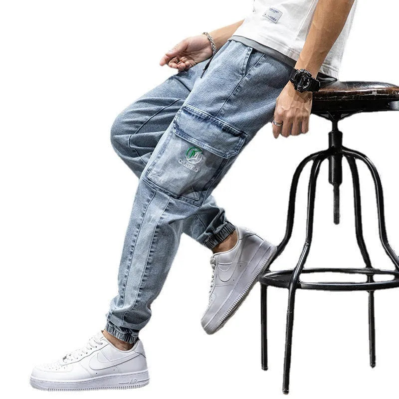Men's loose cargo jeans in straight leg style with Korean workwear design