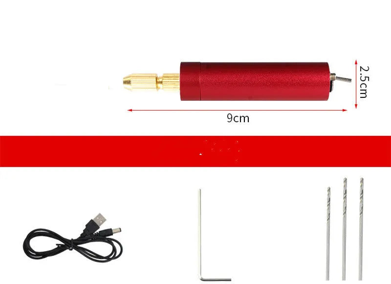 Micro aluminium USB electric grinder with three drill bits on a wooden table