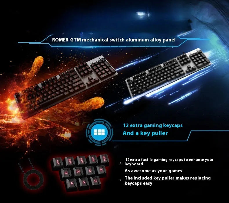 G413 104-key mechanical gaming keyboard with metal panel and USB wired connection, shown in silver white light or black red light