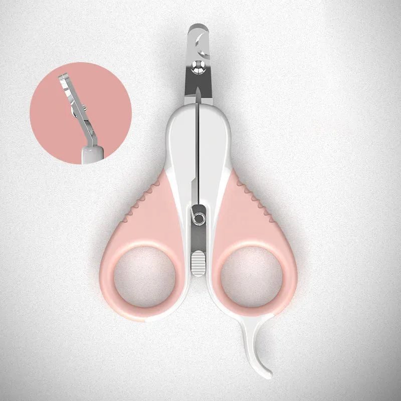 Grey and pink angled pet nail clippers with safety guard and rubberised handles.