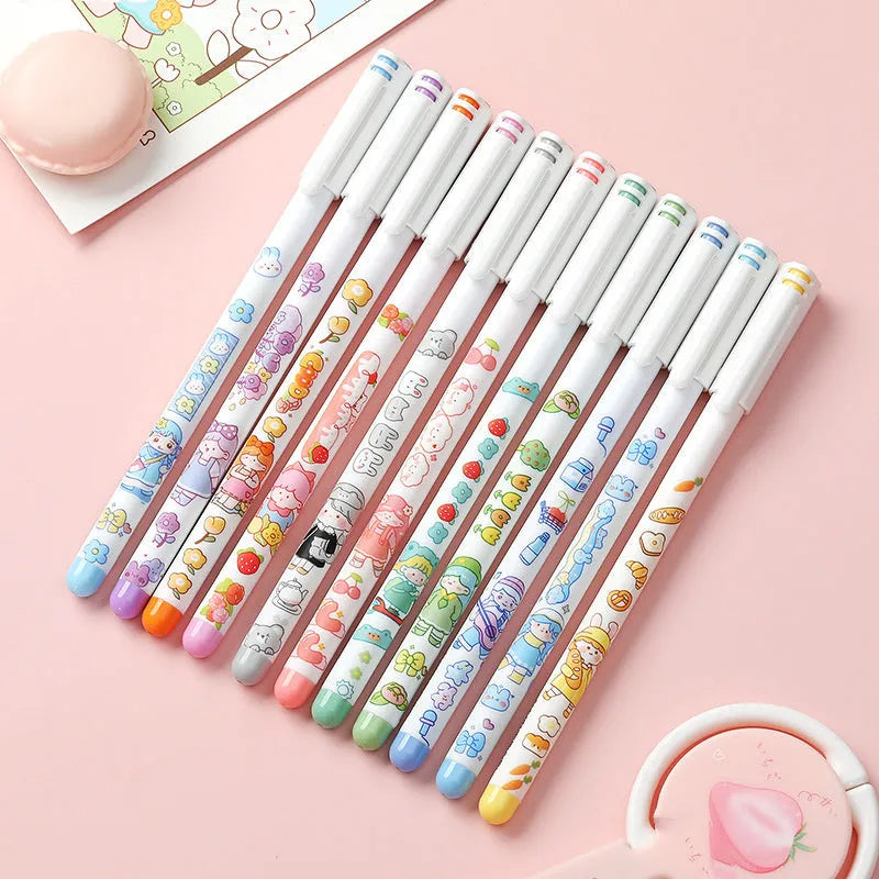 Set of twelve cartoon-themed 0.5mm coloured gel pens for hand accounting and office use.