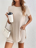 Women's black cotton crew neck short sleeve top and shorts lounge set on hanger