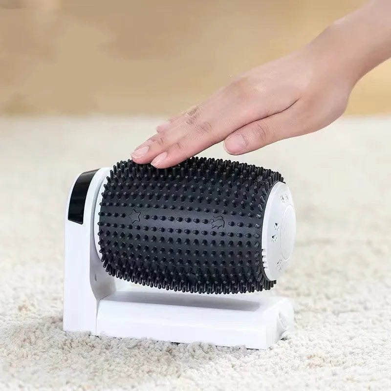 White automatic cat self-grooming brush mounted on a wall corner with soft silica gel bristles.