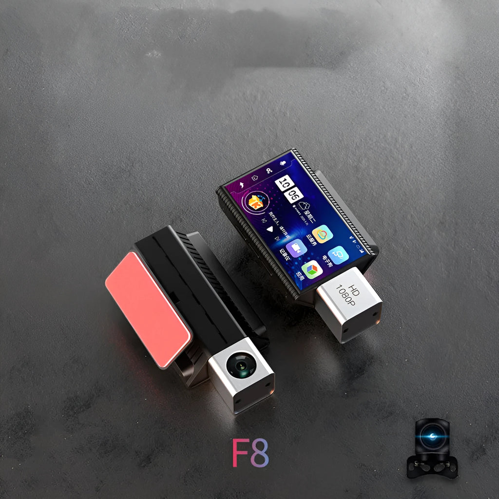 Black 4G front and rear dash camera with touch screen and dual lenses for vehicle recording