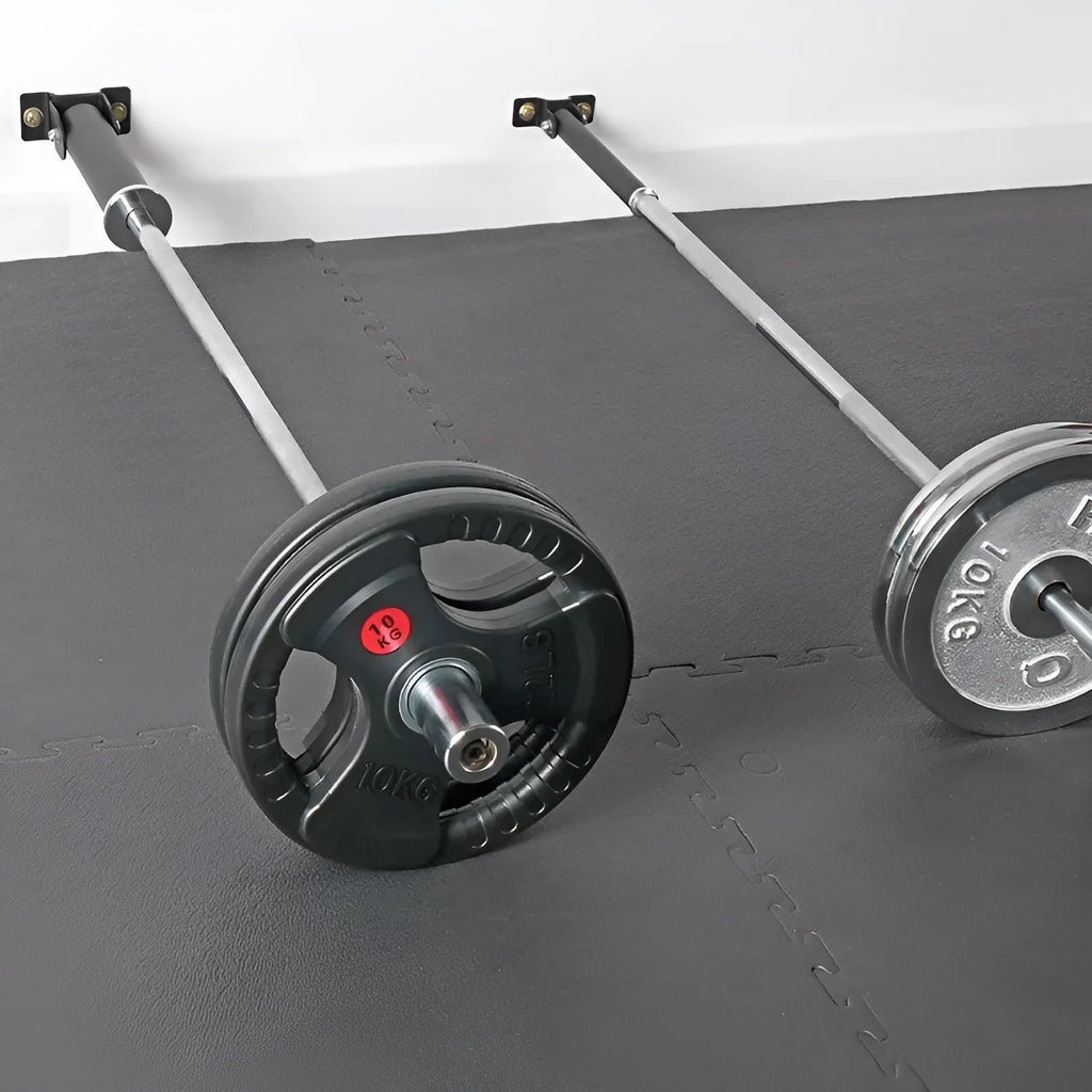 Steel wall barbell rack with 25 vertical tubes for storing rods, shown with mounting screws.