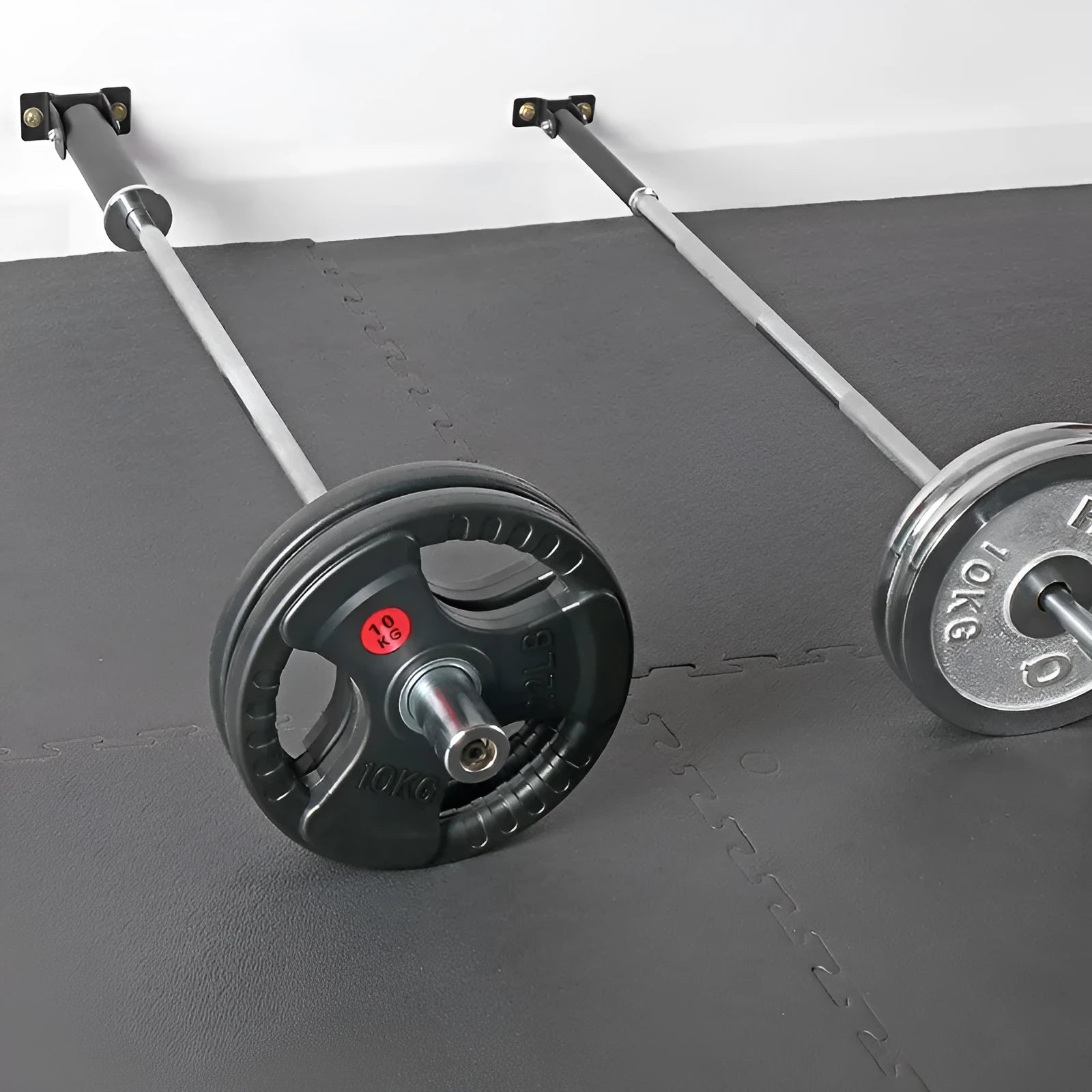 Steel wall barbell rack with 25 vertical tubes for storing rods, shown with mounting screws.
