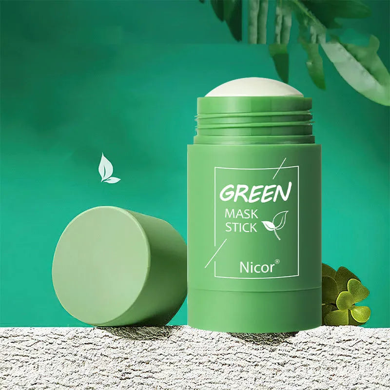 Green tea and eggplant solid clay mask sticks in 40g format for facial skin care.