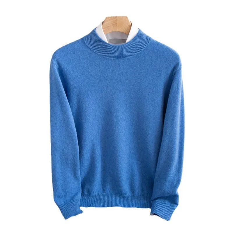 Man wearing a loose-fit half-collar wool sweater in a neutral colour, suitable for winter casual wear.
