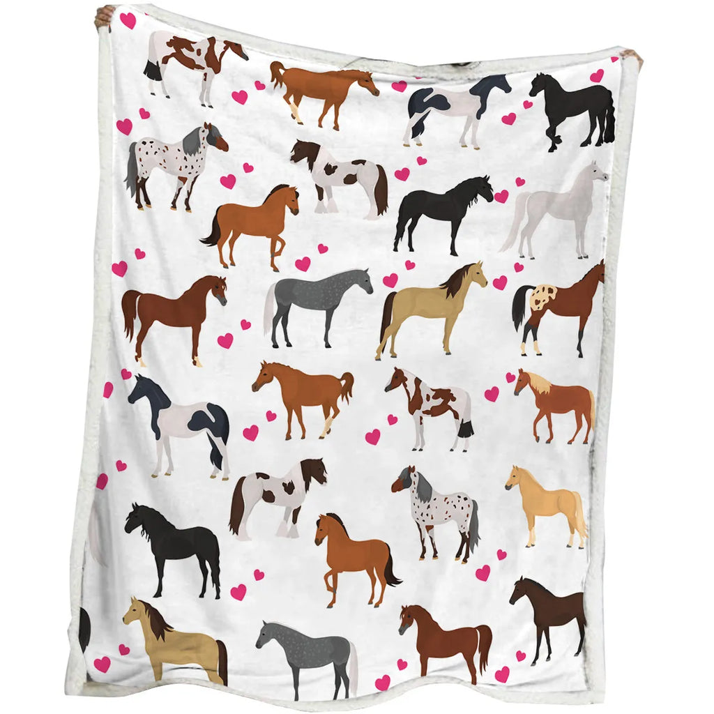 White pet themed lamb wool blanket with red heart and horse design, available in 130x150cm and 150x200cm.