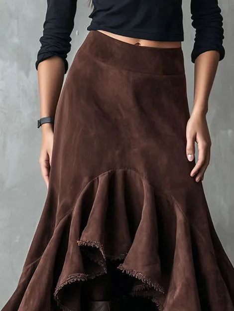 Brown Western-style maxi skirt with high-low hem and ruffle detailing