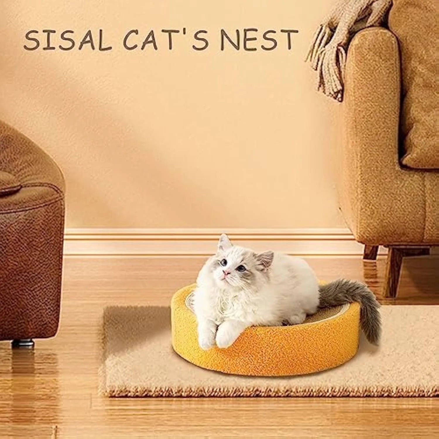 Yellow round sisal cat scratching board and bed with a concave centre for small breed cats.