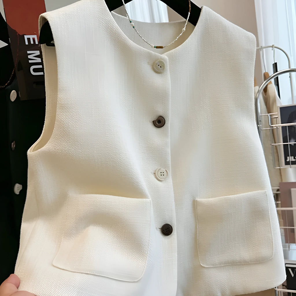Women's beige round neck sleeveless bandage vest, French style, on a hanger.