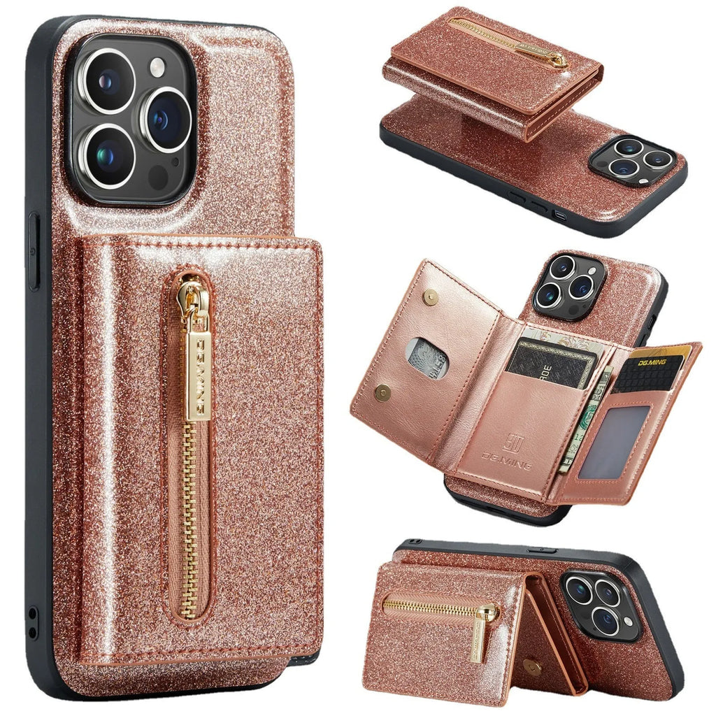 Lambskin leather magnetic card holder phone case for iPhone with bracket and card slot, cool black colour