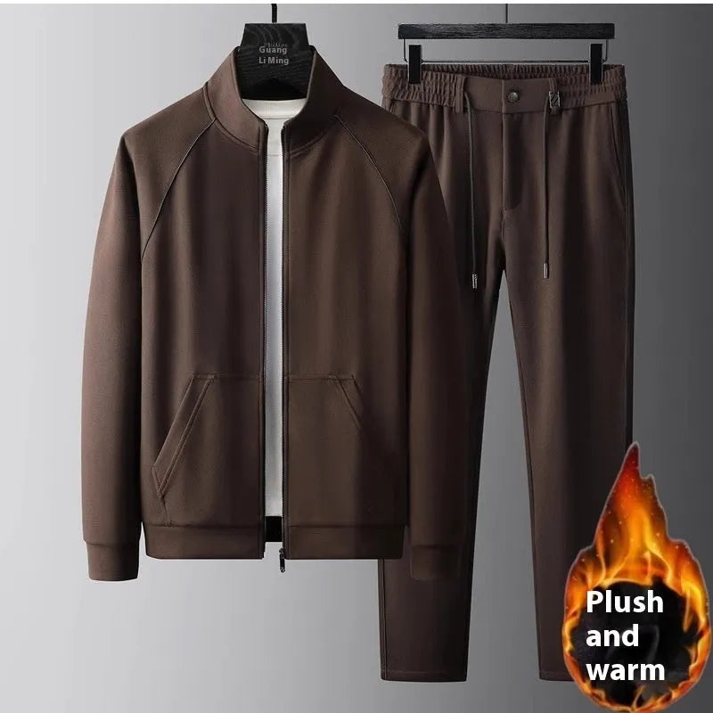 Men's stand collar slim fit sports suit jacket and trousers in coffee colour