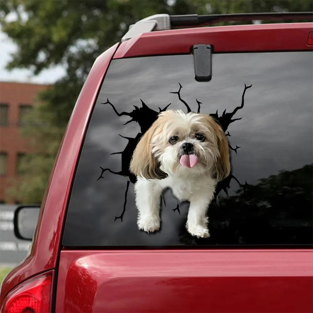 Reflective window sticker showing a humorous tearing dog silhouette, available in 30cm, 40cm, and 50cm sizes.