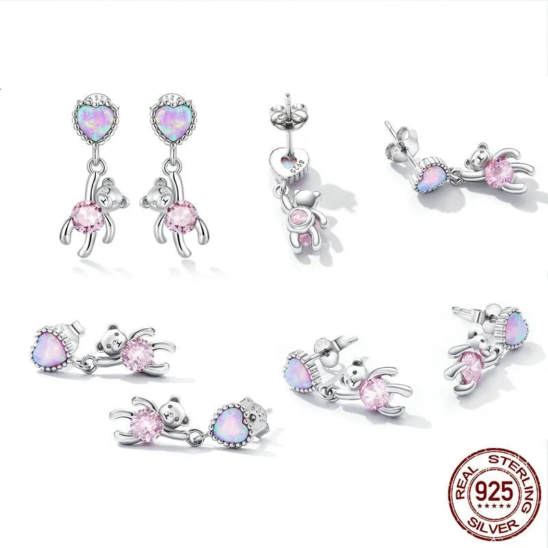 Love Bear S925 silver ear studs for women, 1.8cm height, animal motif earrings on model