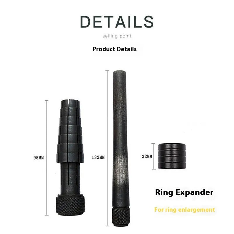 Plastic ring expansion tool with circular stretcher design for resizing metal jewellery bands.