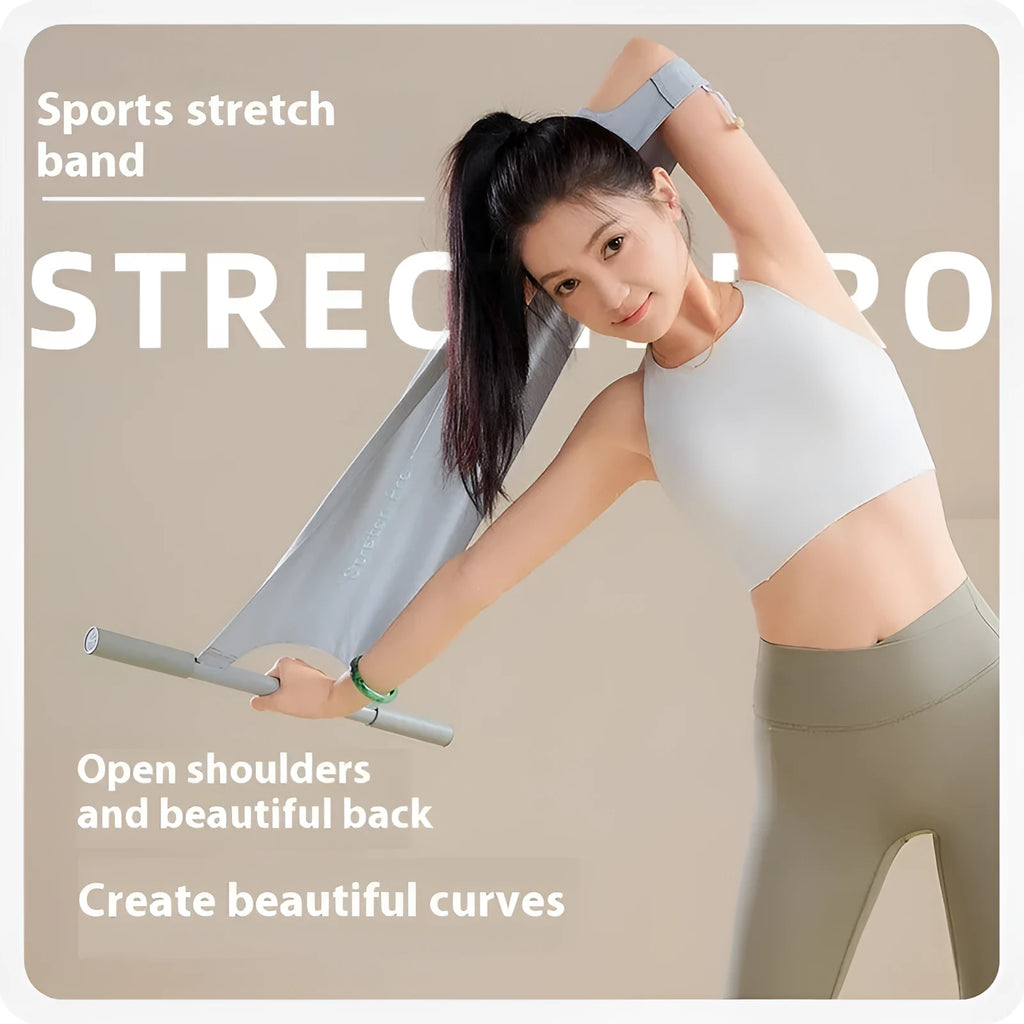 Grey and pink yoga stretching tool for shoulder, back, and hip flexibility exercises