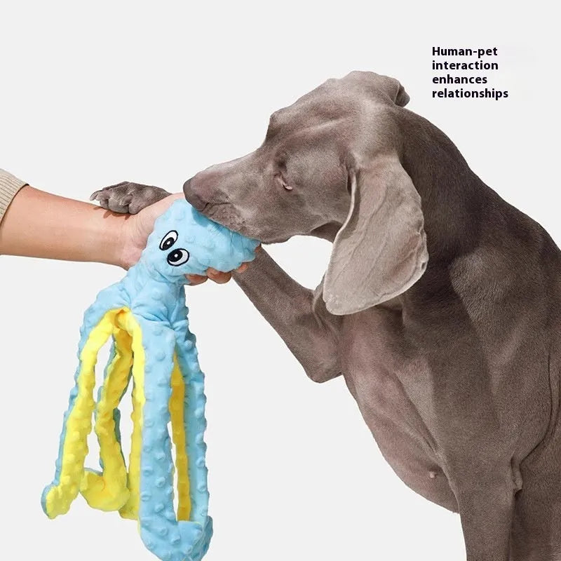 Plush long-legged octopus pet toy with ringing paper and creaking elements in blue or purple crocheted design