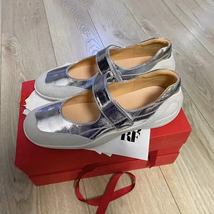 Women's suede leather ballet wedge pumps with Velcro closure, silver colour, round toe