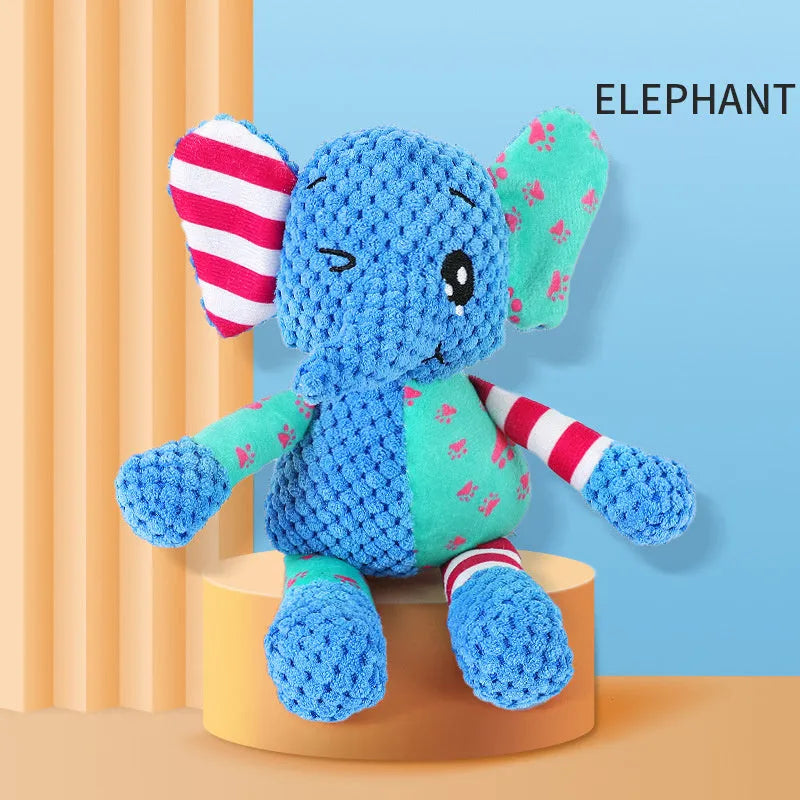 Interactive dog toy with squeaky and crinkly sounds, plush construction, available in Elephant Fox Rabbit styles