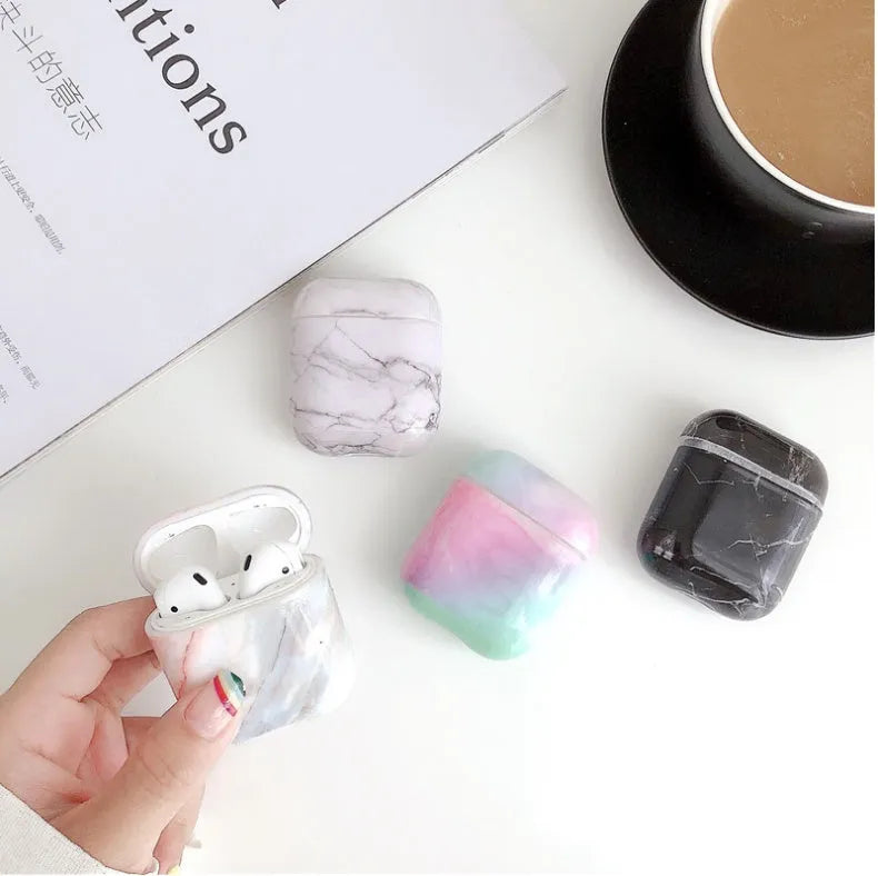 White marble hard PC protective case for Apple AirPods 1 and 2 wireless earphone charging box.