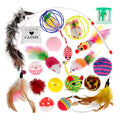 Multicolor pet cat toy set including a cat stick with fabric mouse and a sisal ball