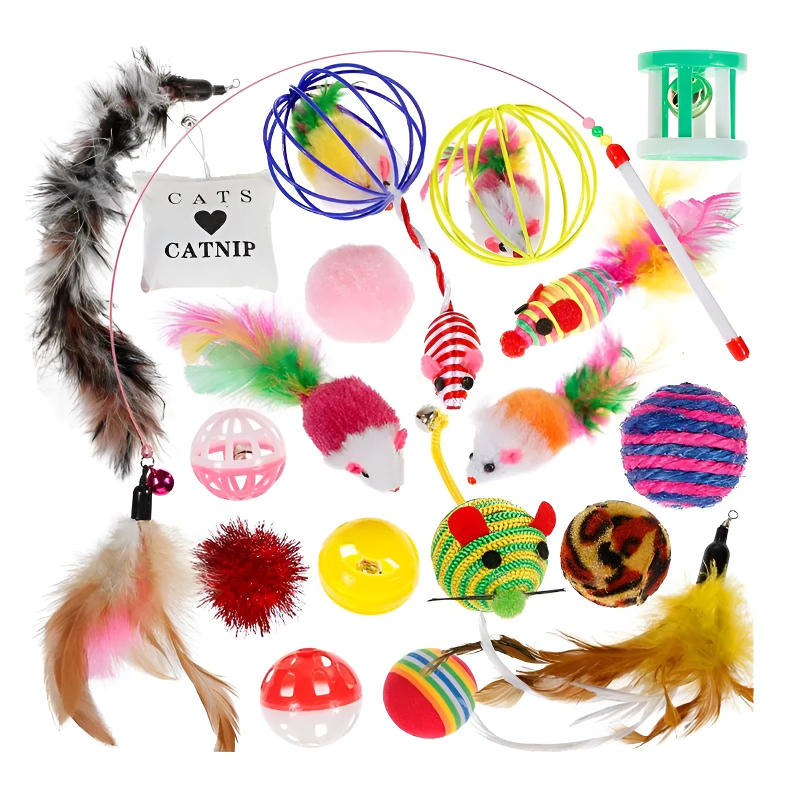Multicolor pet cat toy set including a cat stick with fabric mouse and a sisal ball