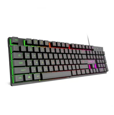 Black USB wired gaming keyboard with luminous backlit keys on a desk.