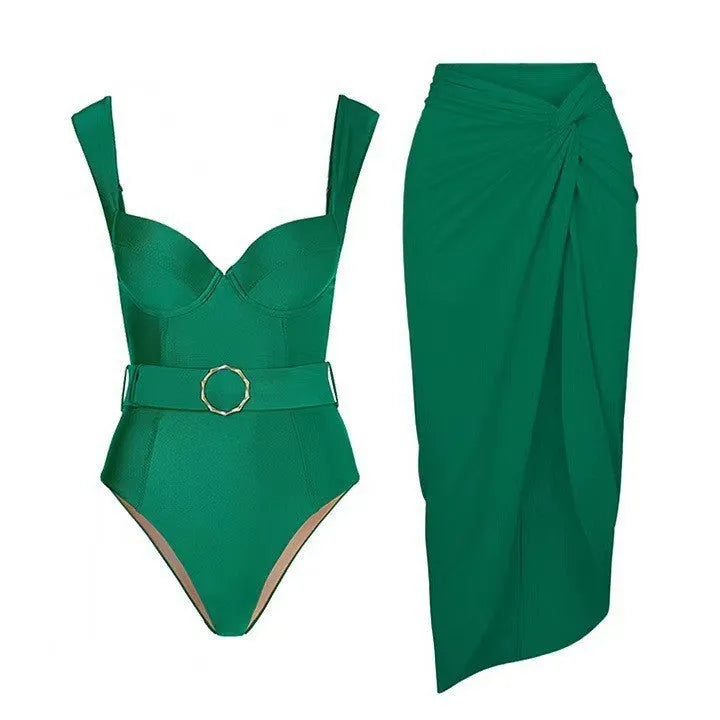 Women's one-piece swimsuit with gauze skirt in polyester, showing double shoulder and oblique shoulder style options