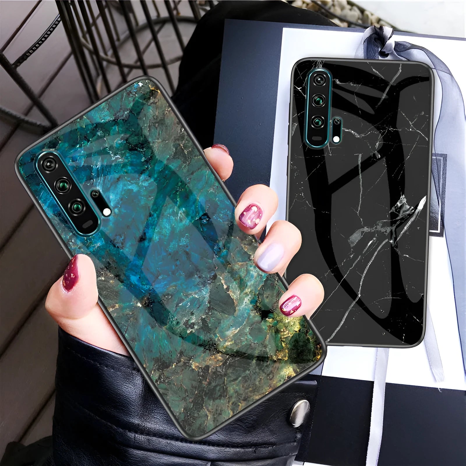 Marble pattern phone case for Honor smartphones with tempered glass back and silicone edges