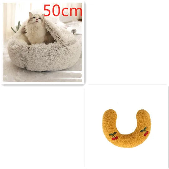 2 in 1 round plush pet bed with PP cotton filling for dogs and cats, available in brown, 65cm size