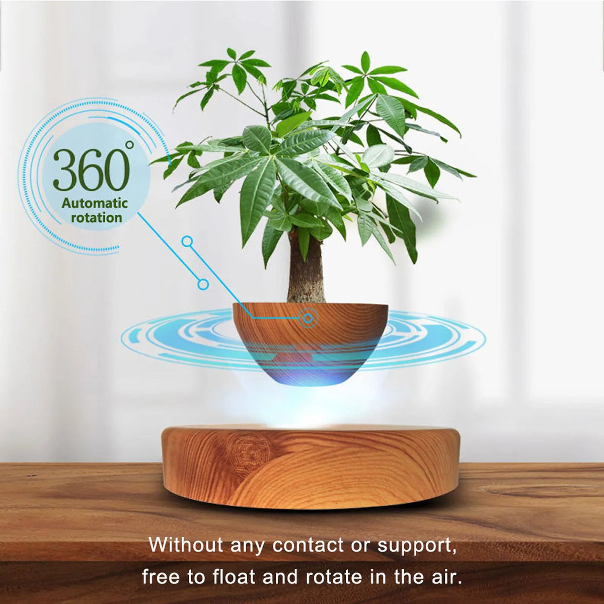 Maglev potted desktop ornament with wood grain finish floating a small artificial plant above a black base