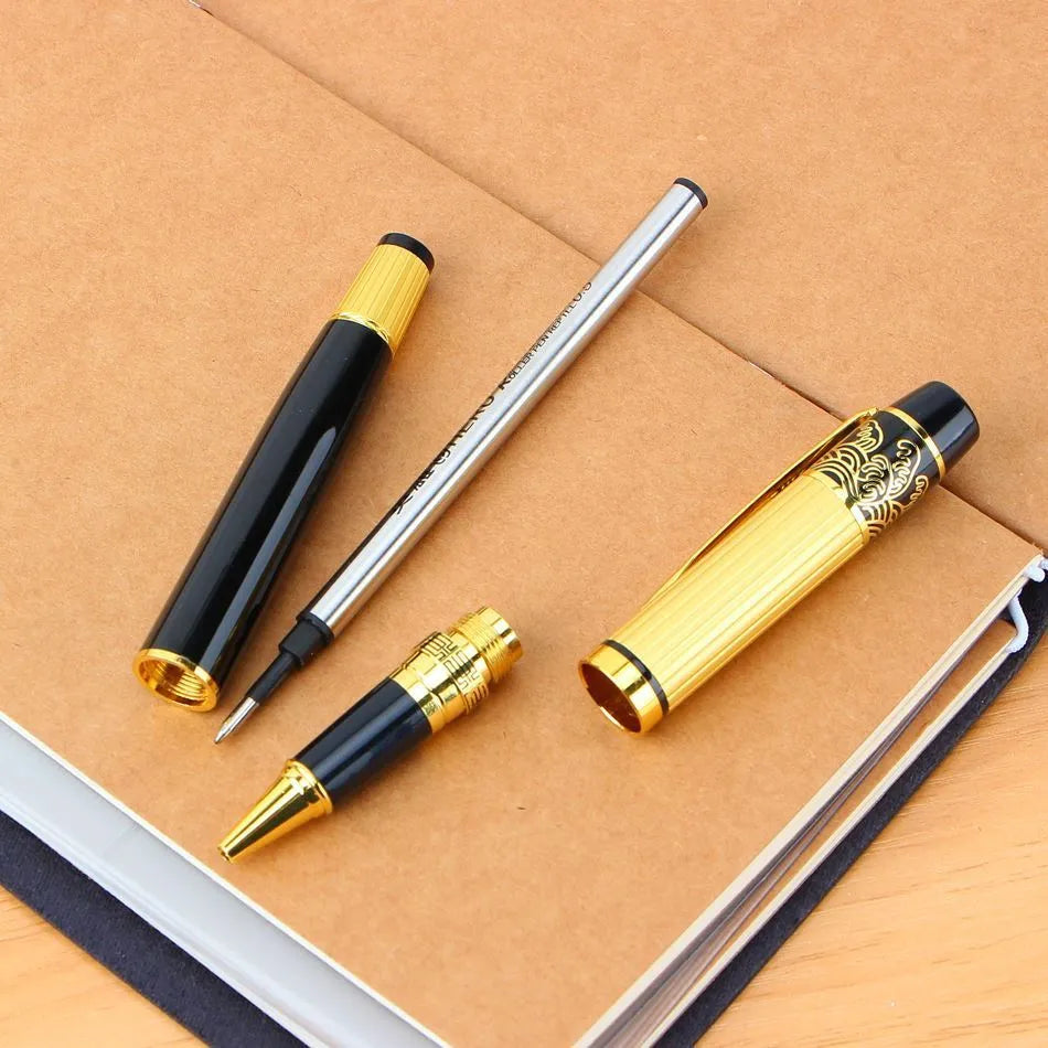 Black patterned orb metal fountain pen with iridium nib and rotating ink absorption system