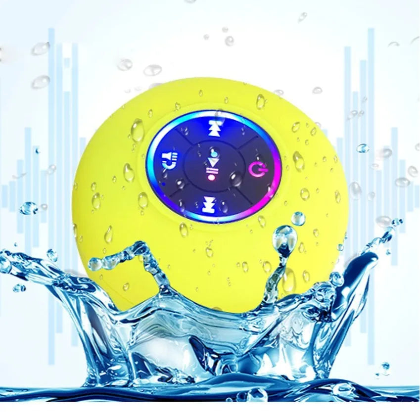 BTS07 waterproof Bluetooth speaker with suction cup mounted on car dashboard showing six colour options