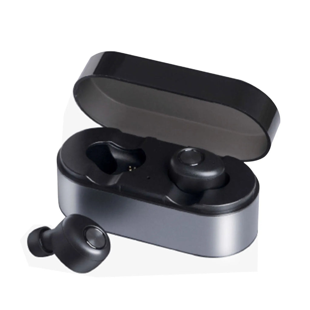 A black wireless Bluetooth single-ear headset for hands-free mobile phone calls.