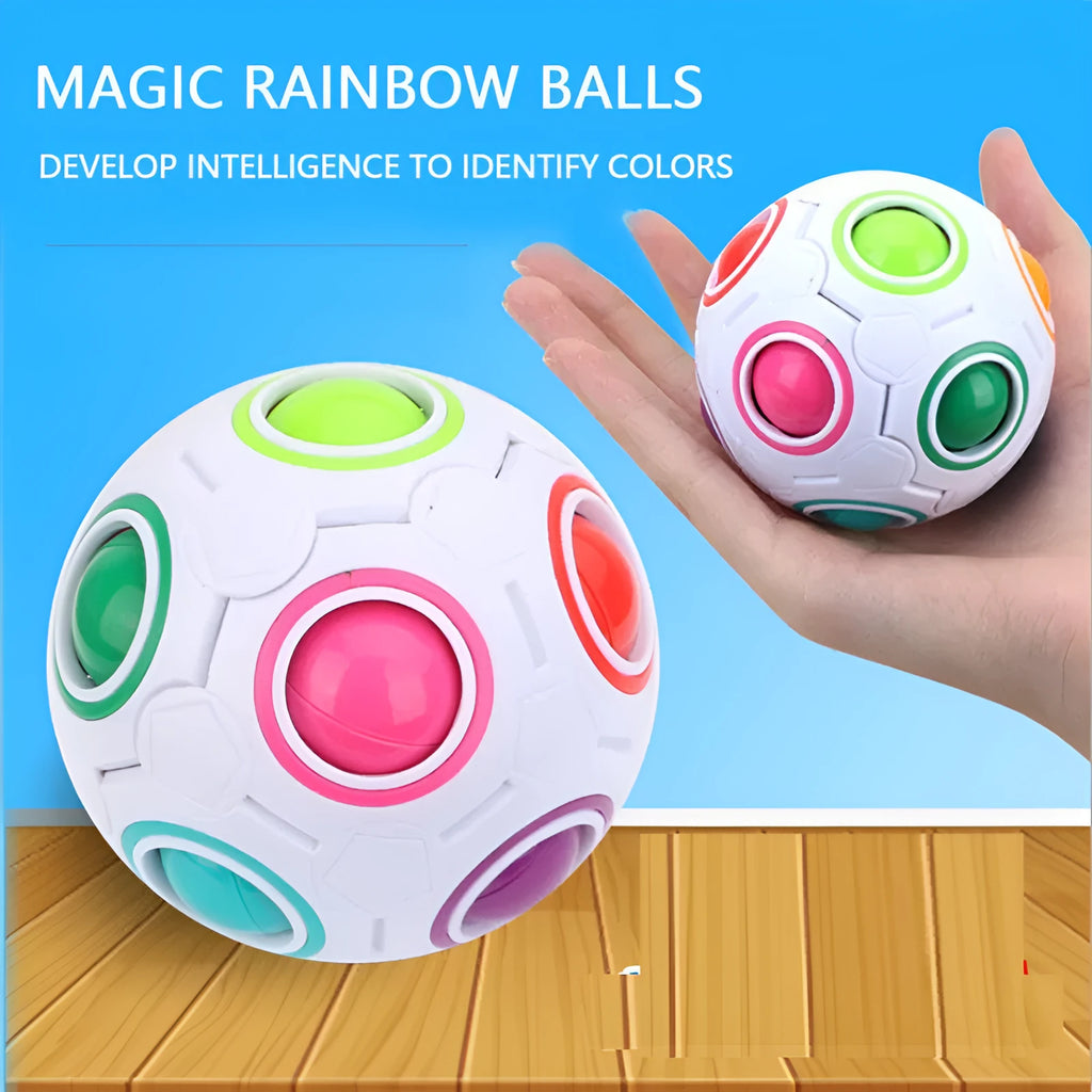 7cm rainbow coloured plastic puzzle ball with visible holes and movable balls