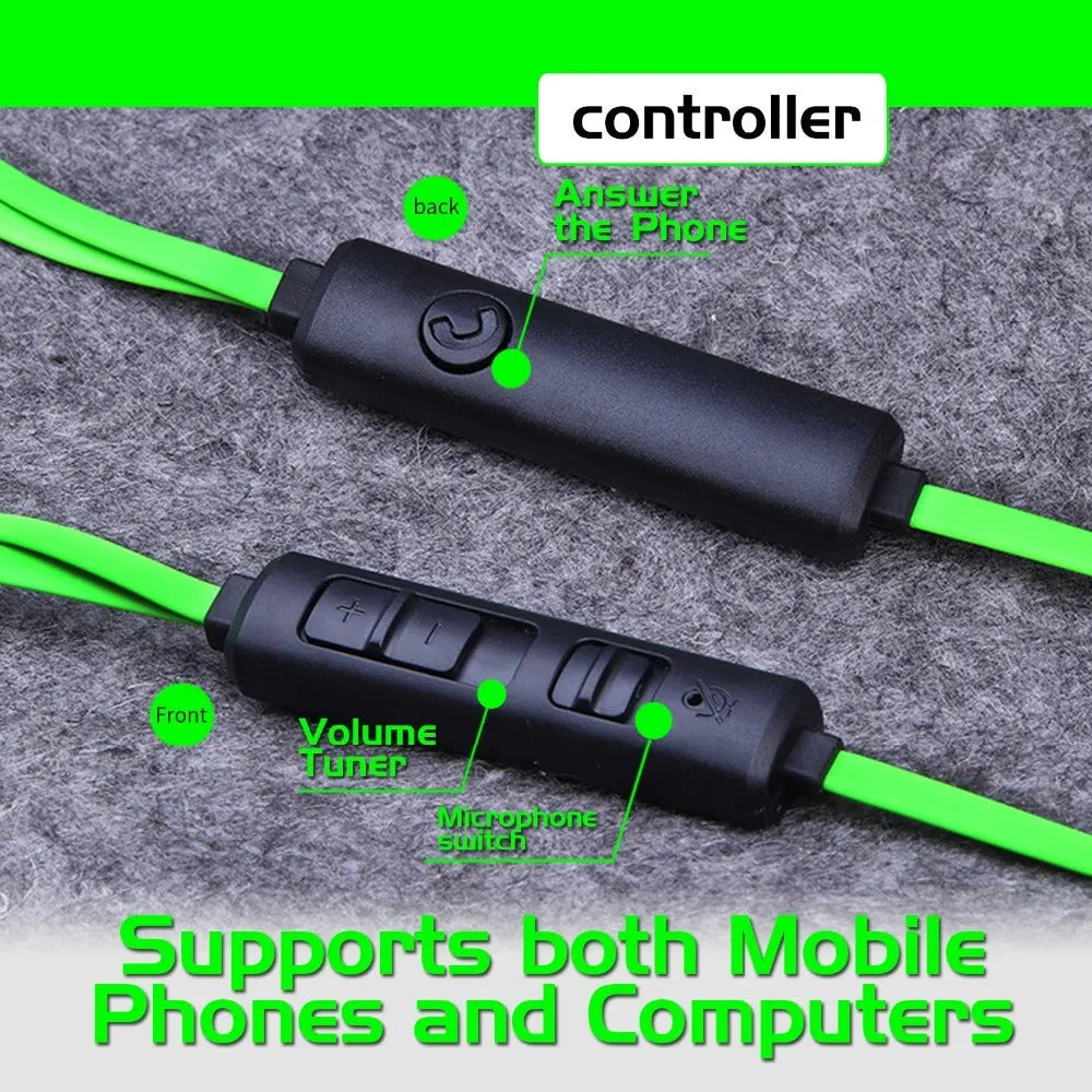 Shuangmai wired in-ear gaming headset in black, green, and red colour options showing 1.5cm cable.