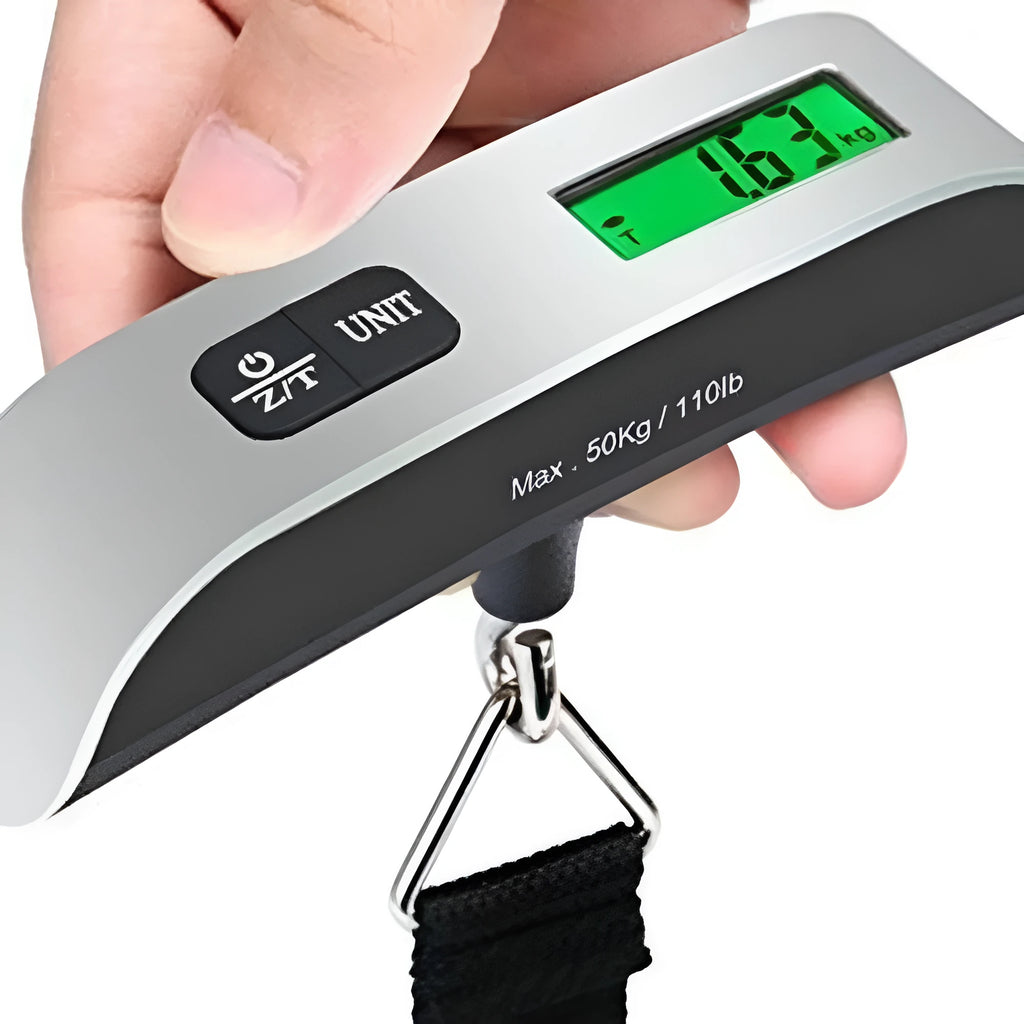 T-shaped electronic scale 50kg/10g with backlit LCD screen, black plastic, 16cm x 3cm portable size.