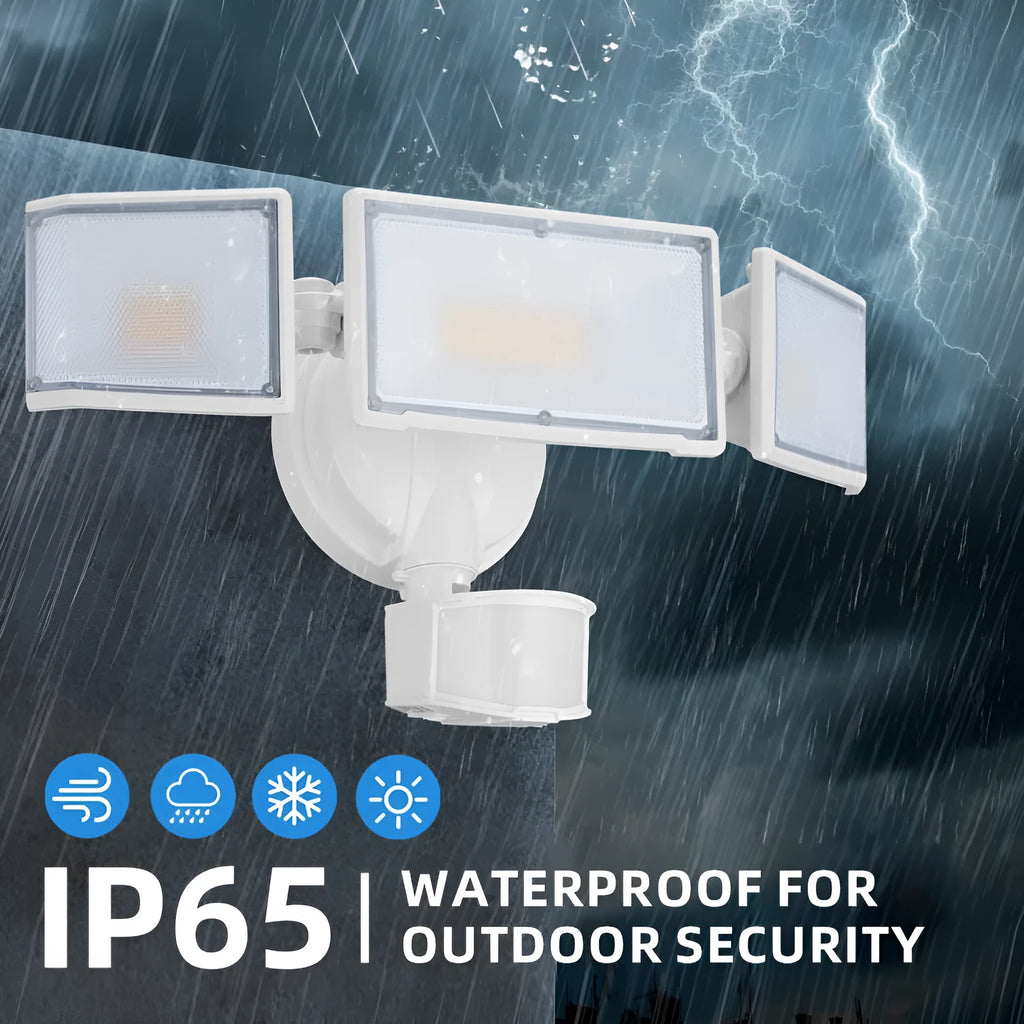 White or black LED security flood light with motion sensor for wall or ceiling mounting