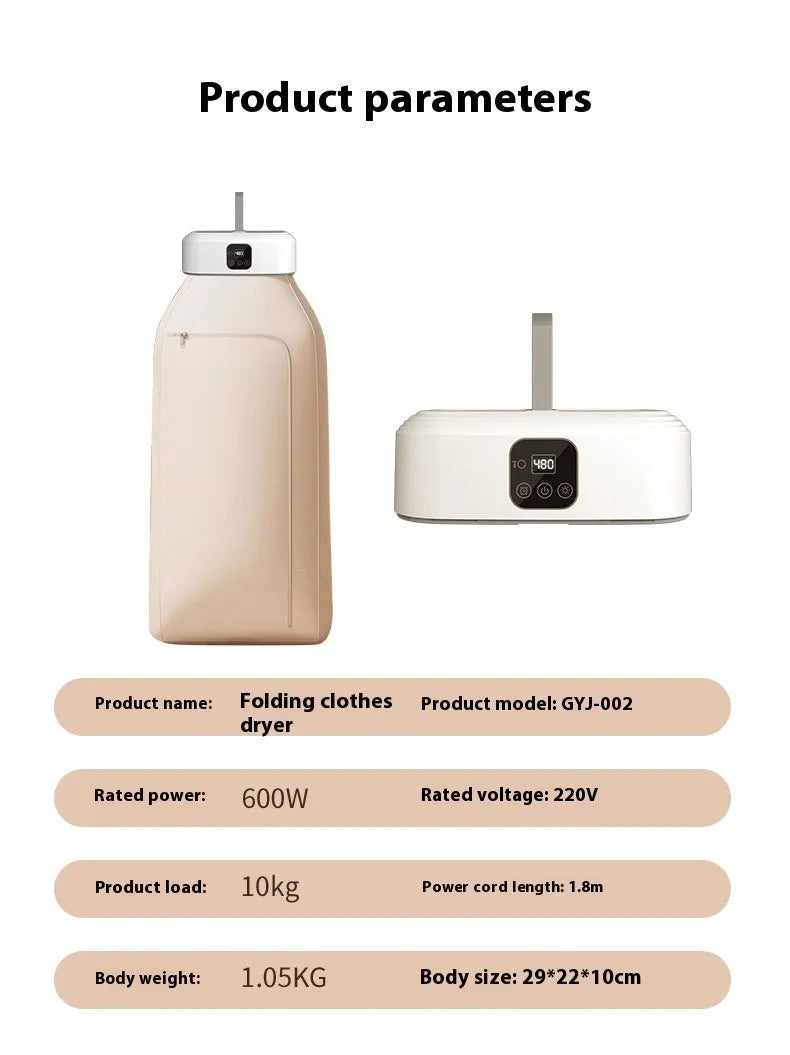 White cylindrical laundry dryer with remote control on countertop showing compact 29cm height