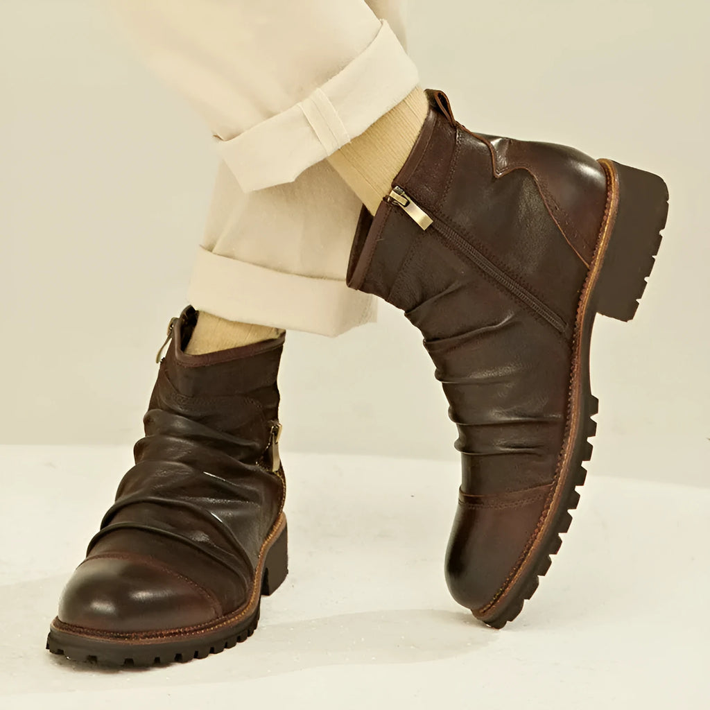 Men's black cowboy Martin boots with side zip, embossed leather look, and round toe.
