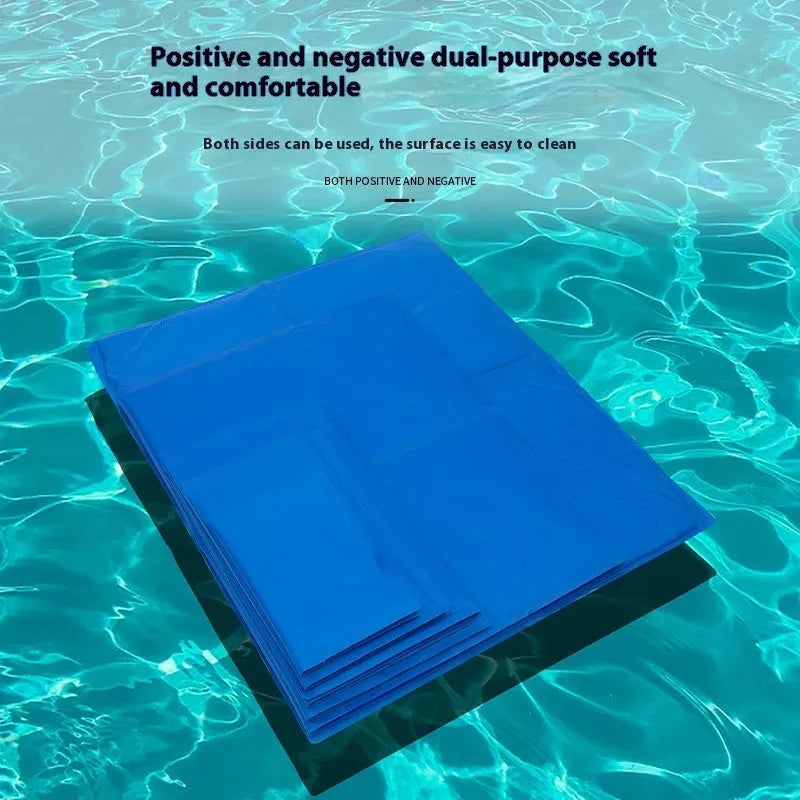 Sapphire blue cool gel summer pet ice mat made from PVC composite fabric, 50x90cm size, with dog lying on it