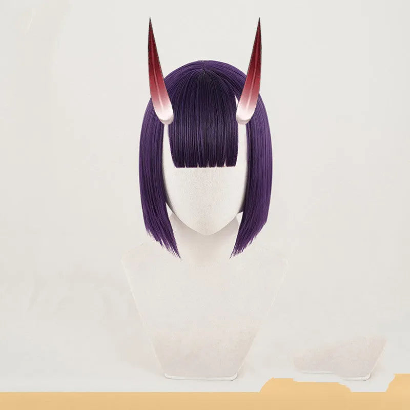 Short purple cosplay wig on mannequin head with high temperature silk fibre and rose net inner cap