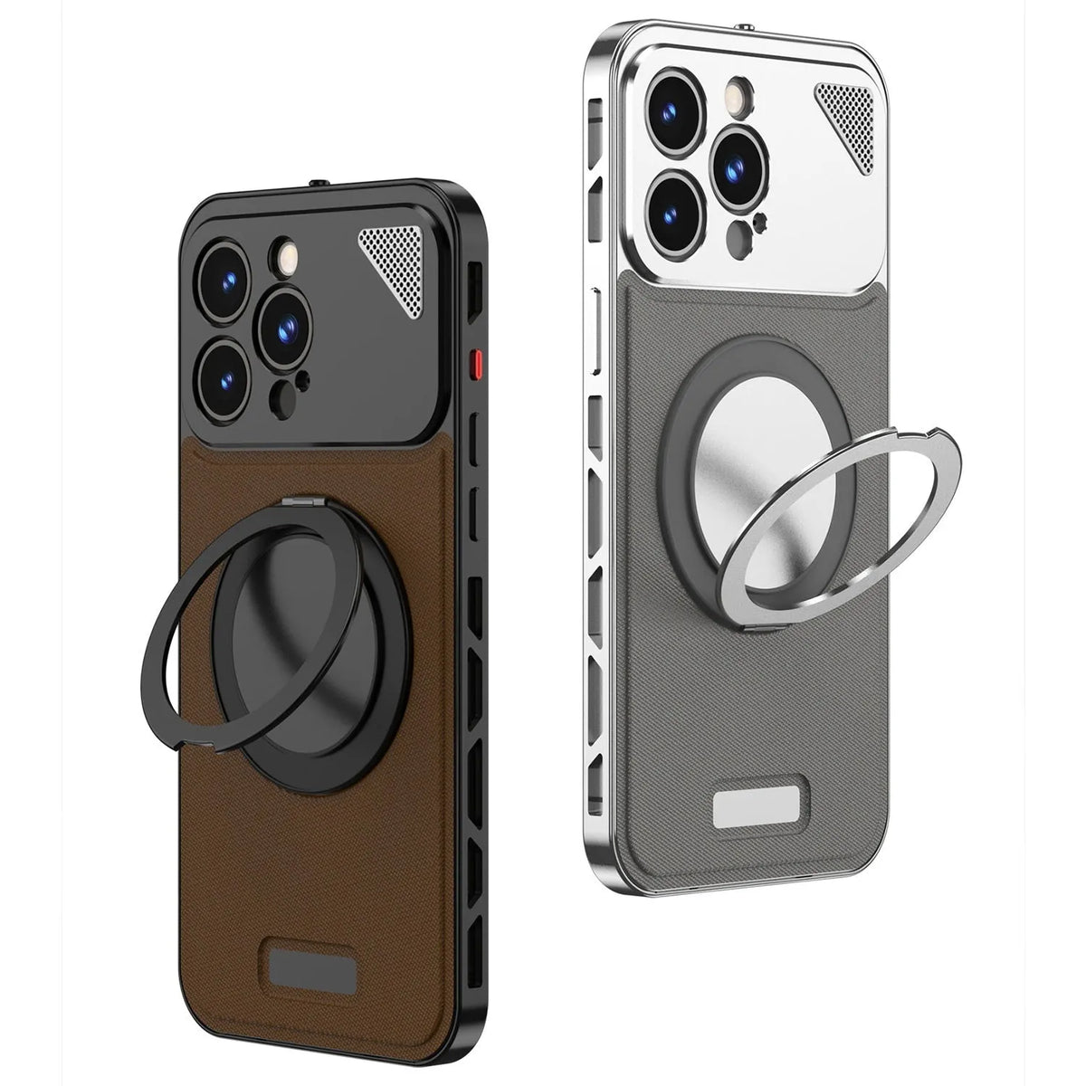 Aluminium alloy leather iPhone case with rotating bracket and magnetic suction, shown in black and blue.