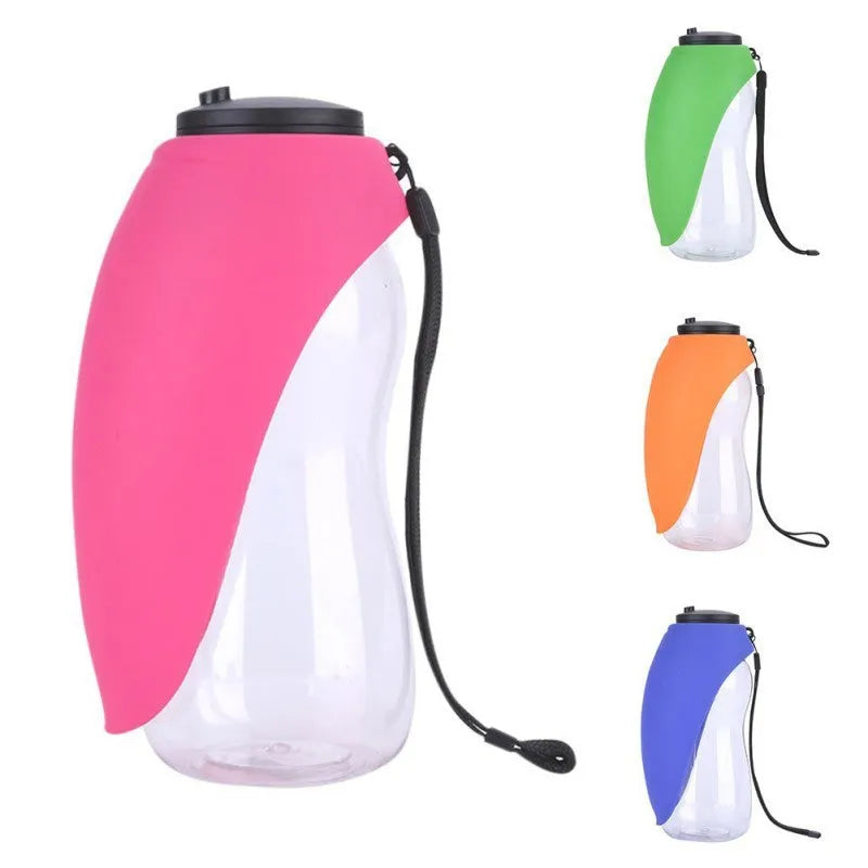 Sky blue portable dog water bottle with drinking bowl and hanging strap.